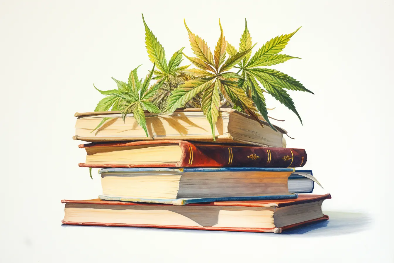 Einige Bücher sind zu einem Stapel aufgetürmt, auf dem sich grüne Cannabisblätter befinden, die von einer Pflanze stammen.